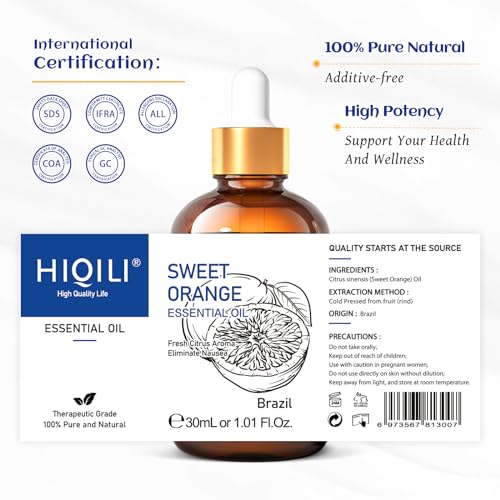 Image of HIQILI 30ML Sweet Orange Essential Oil - Pure and Natural for Diffuser, Skin - 1 Fl Oz