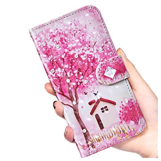 Kompatibel med Huawei Mate 20 Pro-fodral flip-fodral med motiv mönster PU-läderväska läderfodral glitter diamant strass stativ funktion magnetisk stängning plånbok mobilskal, rosa träd
