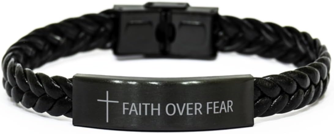 Faith Hope Love Braided Leather Bracelet - Faith Over Fear - Best Quote Cross Engraved Bracelet Confirmation Communion Baptism Birthday Christmas Gifts For Men Women