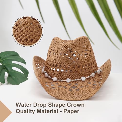 Image of DRESHOW Straw Cowboy Cowgirl Hat for Women Men Western Coastal Cowboy Beach Hat with Shapeable Brim Unisex Rolled up Caps
