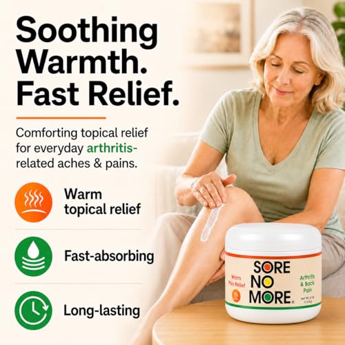 Image of Sore No More Arthritis Pain Reliever Cream - Targeted Warm Relief for Back, Neck, Hands & Feet - Soothing & Fast-Acting Formula for Aches and Pains - Non-Greasy with Orange Aroma - 4 oz