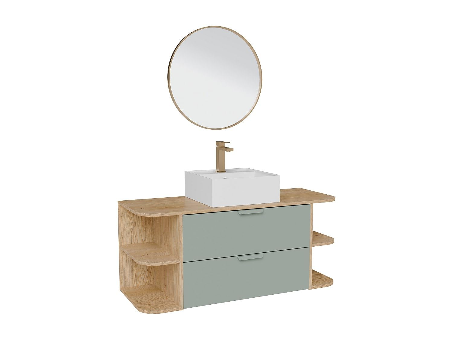 Vente-unique - Armario colgante con nichos, lavabo cuadrado, grifo y espejo – Verde almendra y claro natural – L 120 cm – AVORELI