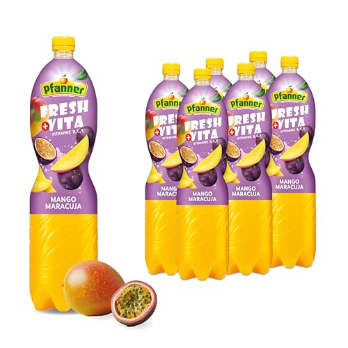 Pfanner Mango Maracuja Fruchtgetränk (6 x 1,5 l) - 10 % Fruchtgehalt – exotisches Getränk im Vorratspack – mit Vitamin B, C und E