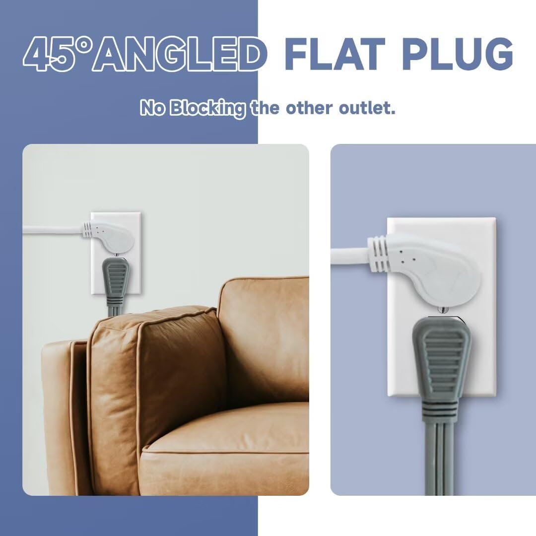 3 Ft Flat Plug Extension Cord, 16 AWG 3 Prong Grounded Low Profile Extension Cable,3 Outlet Extension Wire for Indoor, White