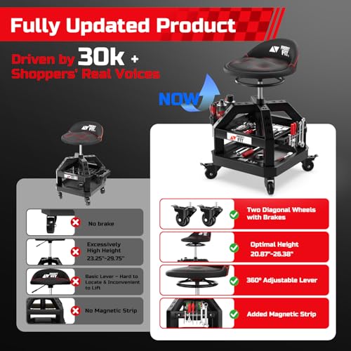 Image of Rolling Shop Stool for Garage with Casters, DO02-Adjustable Height 360 Swivel Shop Seat with Tool Tray Storage, 330 LBS Capacity Padded Mechanic Stool, Magnetic Tool Hold, Heavy Duty, Black