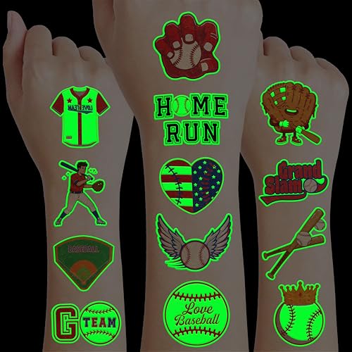 Image of 96 PCS Baseball Pre-Cut Luminous Glow in the dark Temporary Tattoos | Super Cute Baseball Themed Birthday Party Favors, Supplies, Decorations, Sports Fake Tattoo Stickers Gifts for Boys Girls
