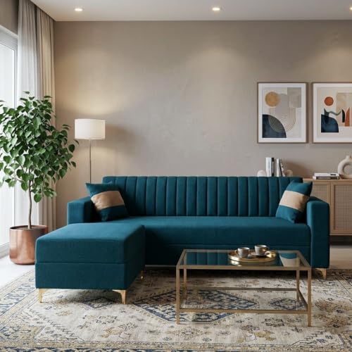 Image of FURNY Signature Regalia 4-Seater L-Shape Sofa Set with Movable Ottoman | Flexible LHS /RHS Layout | Boston Fabric | 40D Foam + Zigzag Spring | 3-Yr Warranty (Peacock Teal & Warm Beige)