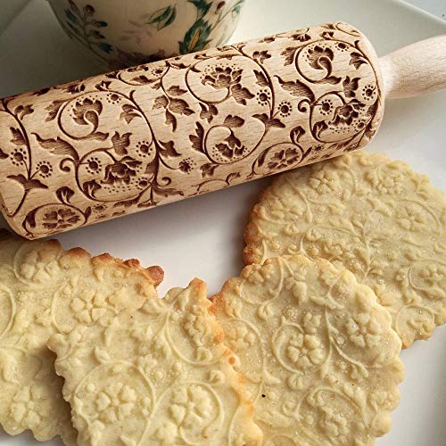 Christmas Wooden Rolling Pins Amiley Engraved Embossing Rolling Pin with Christmas Symbols for Baking Embossed Cookies (38 cm(Flowers Pattern 2))