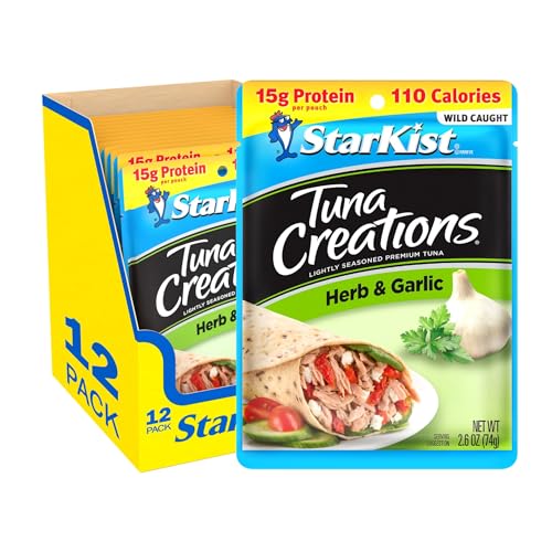 Image of StarKist Tuna Creations Herb and Garlic Pouch (2.6 oz - 12 Pack) Wild Caught, High Protein Shelf Stable Seafood, No Draining, Ready to Eat for Salads and Sandwiches