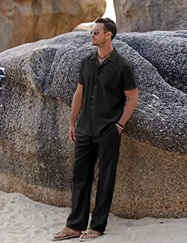 Image of COOFANDY Men 2 Piece Linen Outfit Beach Button Down Shirt Casual Loose Pant Sets