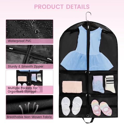 Fanwoli PVC Dance Costume Bags (4 Pack), 40 Inch Garment Bag for Dance Competitions, Cheerleader Uniform Bag, with 4 Zipper Pockets2