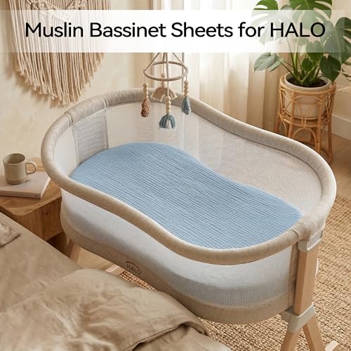 Image of Muslin Bassinet Sheet Compatible with Halo BassiNest Swivel Sleeper - 100% Cotton Hourglass & Peanut Shape Mattress Pad Cover (30 inchx18 inch), Breathable & Soft, Boho (1 Pack Blue)
