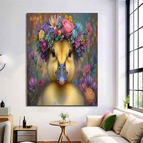 Arte mural en lienzo de alta calidad con pato ilustrado, tonos amarillo y morado, 70x100cm