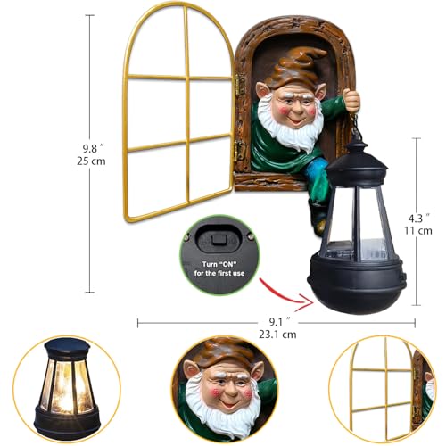 Gnomos de jardín con linterna solar autorrecargable y figura de elfo para colgar 3