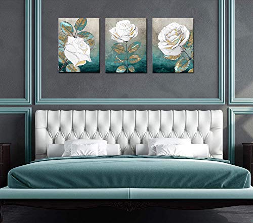 Canvas Wall Art Print Blue Leaf White Rose Canvas Art Painting Teal Abstract Wall Art Decorations Flower Picture On Canvas For Home Decor Gift Stretched And Framed 12 X 16 * 3 #TOP5