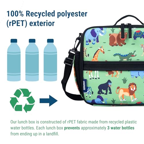 Image of Wildkin Kids ECO rPET Insulated Lunch Box - Keeps Food Hot or Cold, Easy-Clean Lining, Mesh Pockets & BPA-Free - Boys & Girls, Ideal for School, Travel & Daycare - Wild Animals