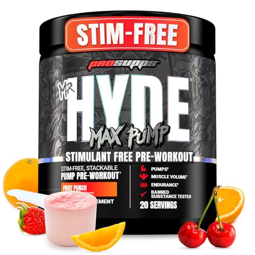 Image of ProSupps Mr. Hyde Max Pump Pre Workout Powder - Stim-Free Preworkout Supports Blood Flow, Muscle Volume & Endurance - Caffeine-Free Nitric Oxide Gym & Fitness Supplements (Fruit Punch, 20 Servings)