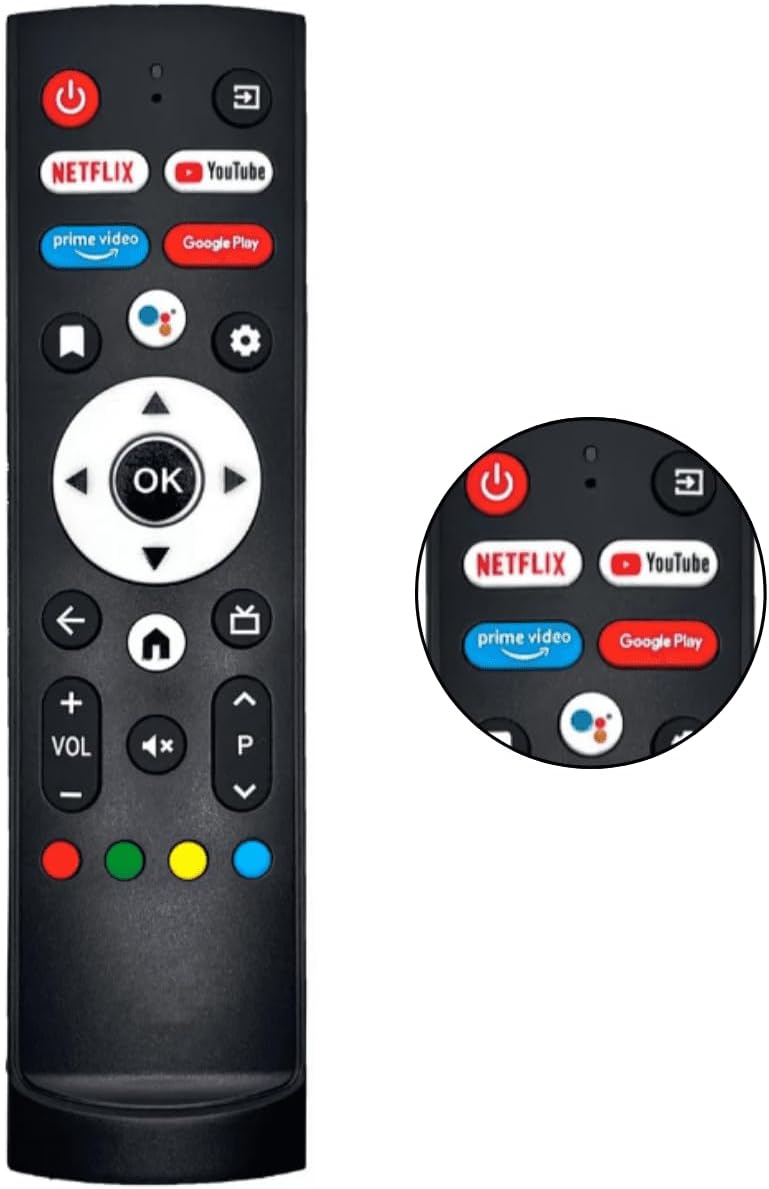 Close-up view of the top section of the remote control, showing the power, app, and navigation buttons.