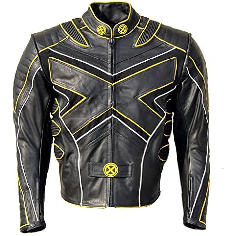 LP-FACON Black and Yellow Padded Armor Motorcycle Jacket - Mens X Logo Protective Biker Real Leather Jacket Cover