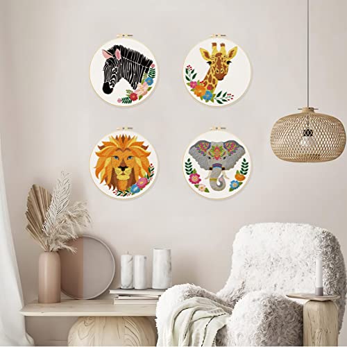 Image of ORIGACH 4 Pcs Wild Animal Embroidery Starters Kit for Beginners, Zebra Lion Elephant Giraffe Embroidery Stitch Practice kit Include Embroidery Cloth, Embroidery Hoops, Threads and Needles