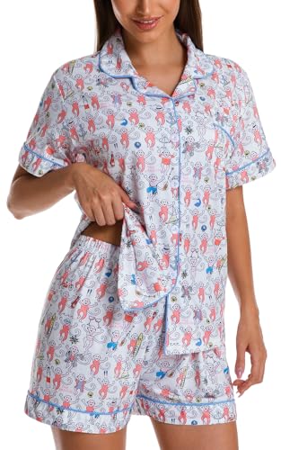 Image of Womens Pajamas Set Shorts Button Down 2 Piece Monkey Bunny Y2k Roller Dupes Rabbit Preppy Lounge Pjs Comfy Sleep Wear