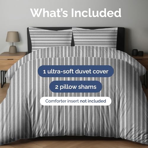 Image of Duvet Cover Cal King Size Set - Extra Soft Cal King Duvet Cover 104 inch x 98 inch with 2 Pillow Shams for Women, Men, Kids & Teens - Comfy, Breathable, Hotel Luxury w / Zipper Closures & Ties (Grey Stripes)