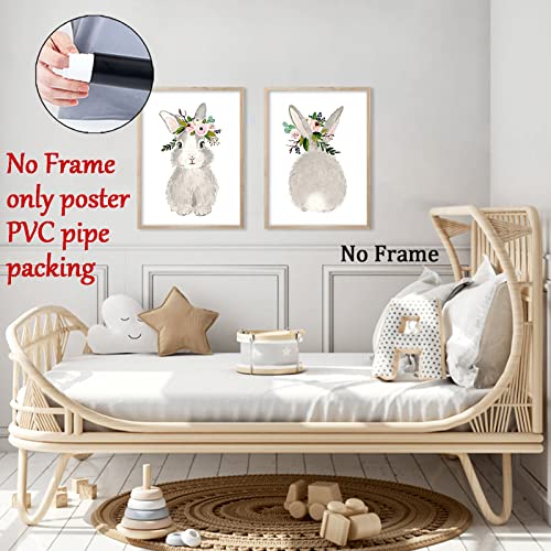 Rabbit Canvas Wall Art Nursery Artwork Canvas Animal Picture With Flowers Cute Wall Art Bunny Funny Animal Picture Wall Decor Bunny Nursery Picture Cute Rabbit Poster Painting 12X16Inchx2 No Frame #TOP1