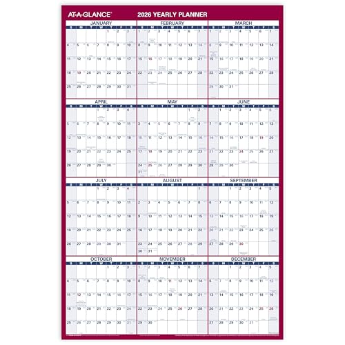 Image of AT-A-GLANCE 2026 Erasable Calendar, Dry Erase Wall Planner, 36 inch x 24 inch, Large, Vertical /Horizontal, Reversible, Includes Marker (PM262826)