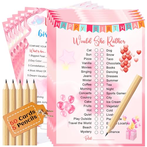 Who Knows The Birthday Girl Best Cards Set Fun Birthday Party Games & Activities 50Pcs Cards & 5 Pencils for Slumber Party Games Decorations Sleepover Party Supplies Favors