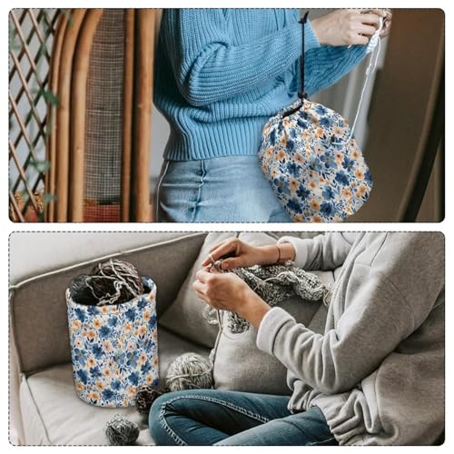 Image of Sellikakes Yarn Bag, Blue Floral Knitting Storage Bag Portable Yarn Holder Crocheting Organizer Store Skein Ball Needles,Sewing Accessories Supplies