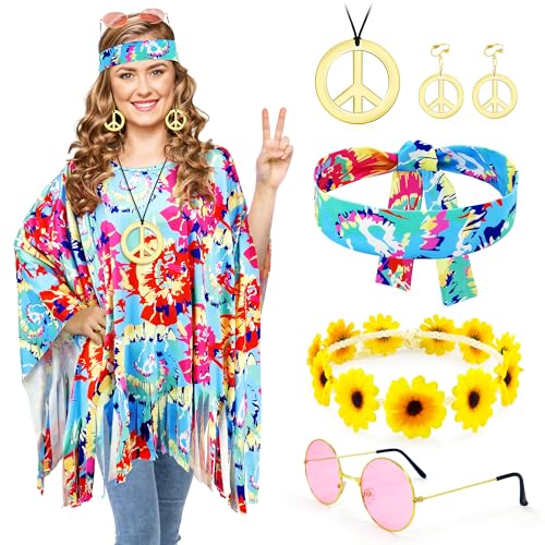 beifon 6 Stück Hippie Kostüm Damen Set, Faschingskostüme Damen Karneval Kostüm mit Hippie Poncho, 60er 70er 80er Jahre Outfit Flower Power...