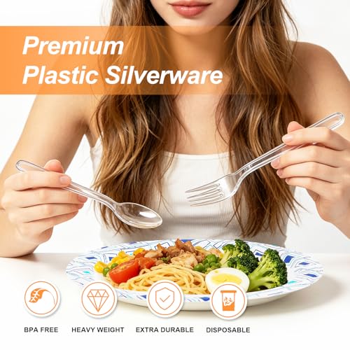 Image of Lamosi 360 Count Extra Heavy Duty Clear Plastic Silverware Set, 150 Forks, 150 Spoons, 60 Knives, Disposable Plastic Utensils Set, BPA-Free, Heat Resistant for Weddings, Parties & Events