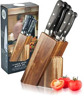 Taylor's Eye Witness Premier 5 Piece Kitchen Knife Wood Block Set - Paring, All Purpose, Cook's, Carving & Bread Knive in Acacia Wood Holder. Full-Tang Triple Rivet. 15 Year Guarantee