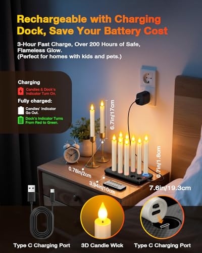 Image of Yme Rechargeable Flameless Taper Candles Battery Operated with Remote Timer