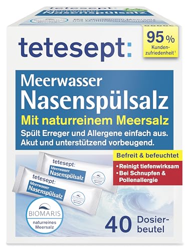 tetesept Meerwasser Nasenspülsalz bei Schnupfen und Pollenallergie – 40 Beutel - Nasenspülung auch für Kinder reinigt und befeuchtet – Geeignet zur Nasendusche