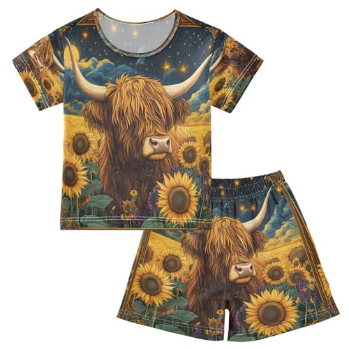ALAZA Highland Cow Sunflower Van Gogh Pajamas Set Short Sleeve Cotton Sleepwear Summer Pjs 2 Piece 5-14Y