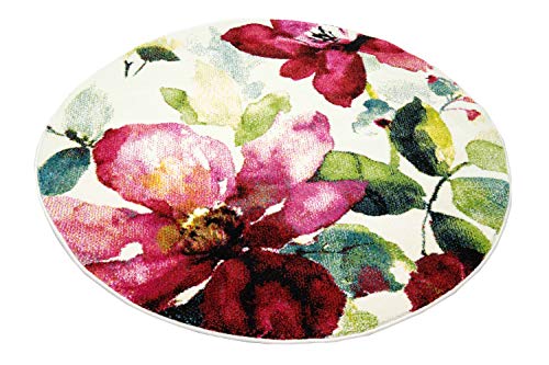 CARPETIA Designerteppich Rund Blumenmotiv Creme & Bunt Größe 120 cm Rund