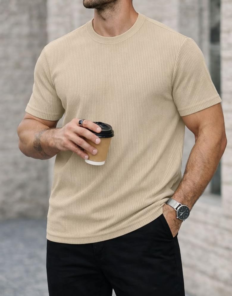 Image of Mack Jonney Men's Striped Ribbed Black Half Sleeve T-Shirt | Premium Soft Stretch Fabric | Casual Wear Round Neck Tee-M6358