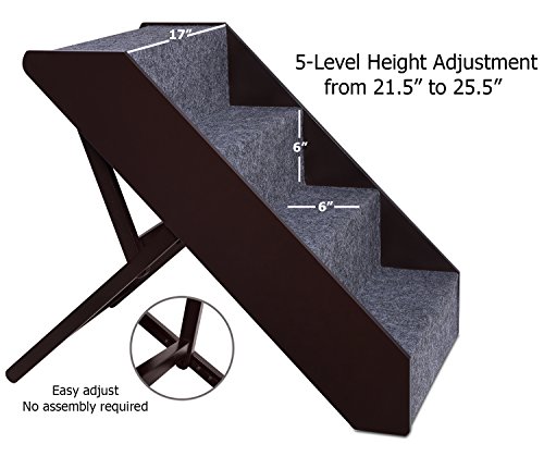 Arf Pets Wood Dog Stairs, 4 Levels Height Adjustment Wide Pet Steps for Dogs and Cats, Foldable