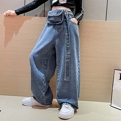 Casual Wide Leg Jeans for Little Girls Loose Pants Trousers Children Elastic High Waist Trousers + Waist Pack3