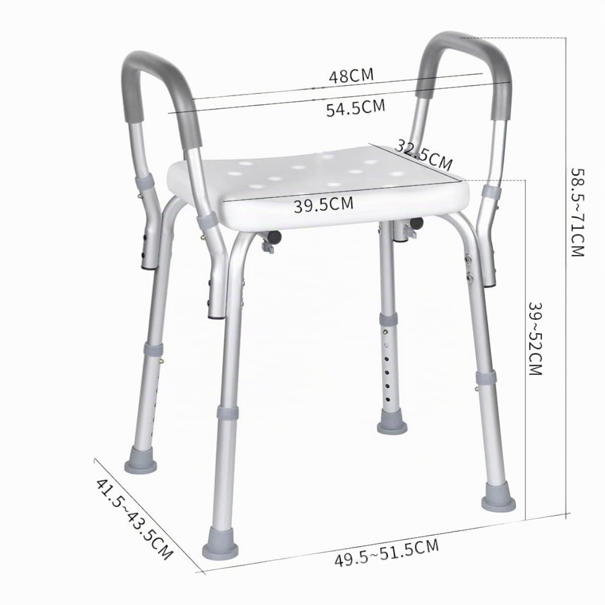 Ortopal - Sgabello Doccia Anziani e Disabili con Braccioli, Altezza Regolabile, Struttura in Alluminio, Antiscivolo, Facile da Montare - Peso Massimo 120 kg - Dimensioni 40x33cm (seduta)