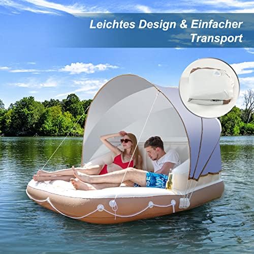 FANTASK Luxus-Inselbett XXL, Aufblasbare Schwimminsel mit einziehbarer & Abnehmbarer Überdachung, Badeinsel mit 2 Getränkehaltern 180 x180 x160 cm, Weiß, Braun, Silber