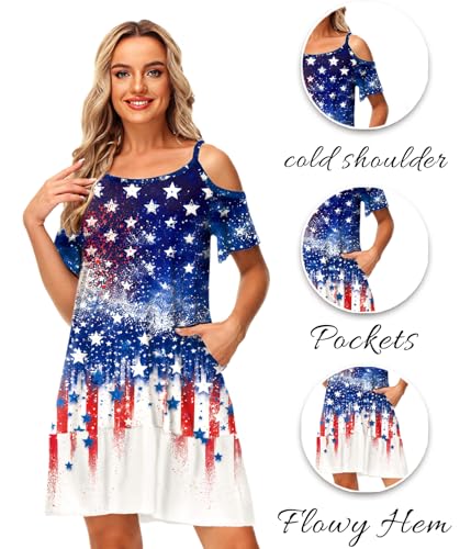 Image of Deerose Womens 4th of July Dresses Cold Shoulder American Flag Tie Dye A-Line Dress with Pockets