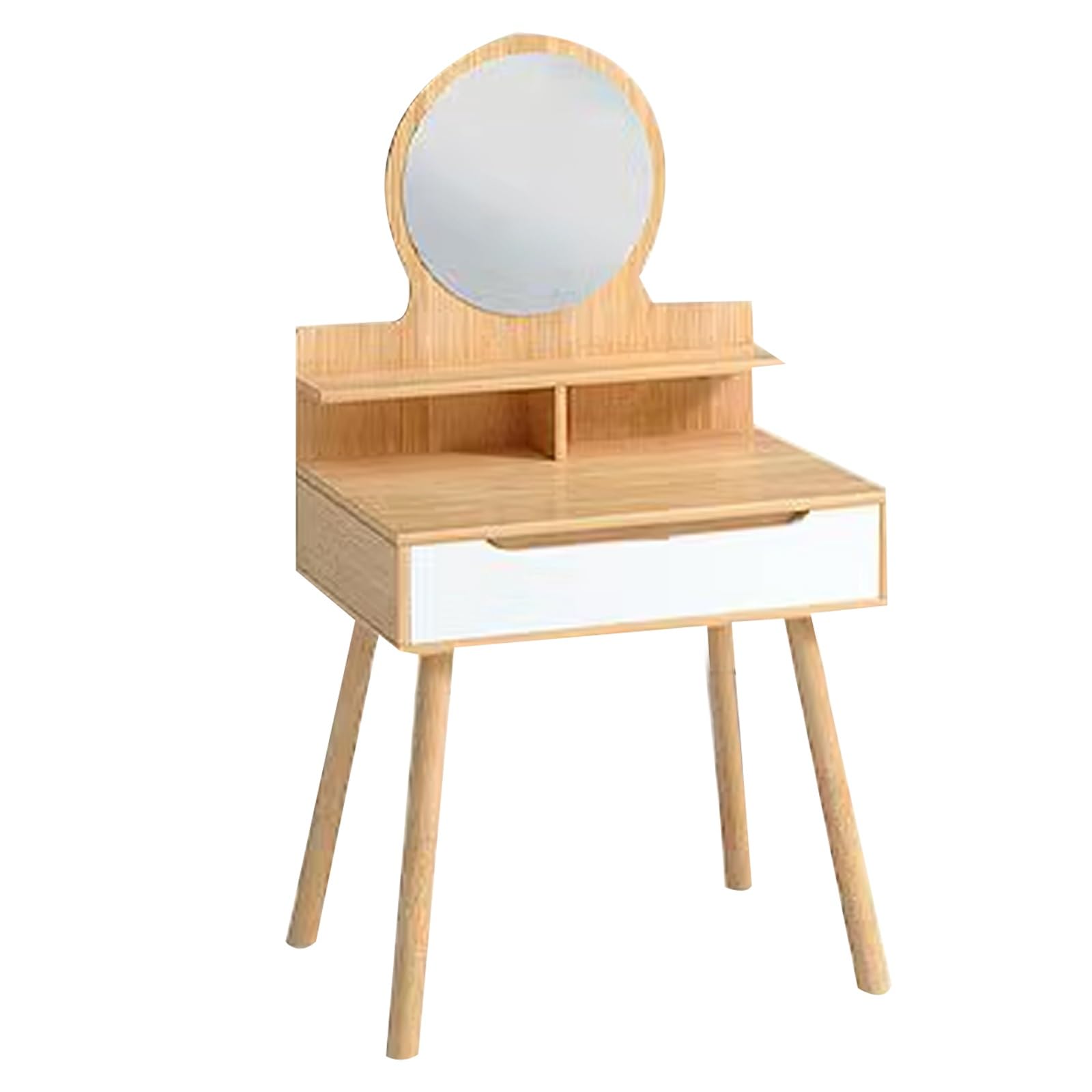 asdchZen Makeup Desk With Round Mirror Oak Finish Single Pump Storage Stylish Vanity Table For Small Spaces Perfect Makeup And Dressing Table