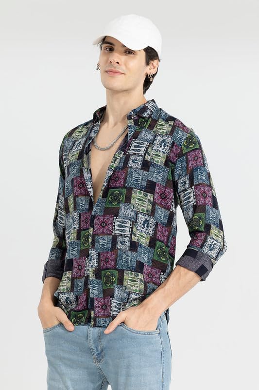 Image of SNITCH Nomadic Fish Spread Collar Printed Slim Fit Shirt Blue