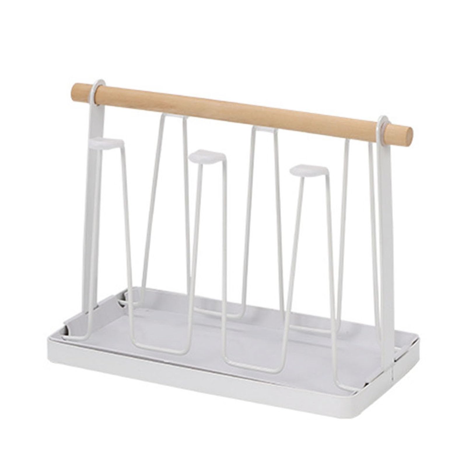 Glifora Iron Cup Drying Rack with Wood Handle and Drip Tray - Bottle Dryer Holder, Space-Saving Countertop Organiser for Mugs and Glasses, Kitchen Countertop Organisation