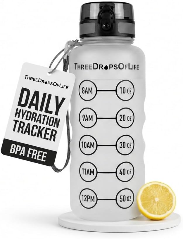 Three Drops of Life 50oz Hydration Tracker Sport Water Bottle – Frosted Clear Tritan With Time Marker, Leak-Resistant, Easy Flow Spout, Comfortable Strap For Daily Hydration
