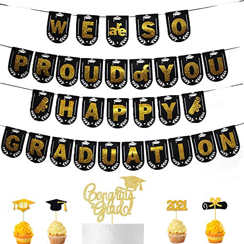 Senteria 2021 Graduation Decorations Party Supplies Black Gold Banner Balloons Hanging Swirl Congrats Grad Cupcake Toppers for Junior Senior School College Family Graduation Party Favors Decorations
