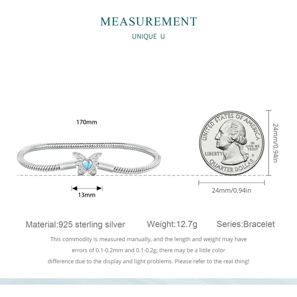 LLXYWJ Pulsera de Cadena de Serpiente de Plata de Ley 925 para Pulseras Europeas Brazalete de Mariposa