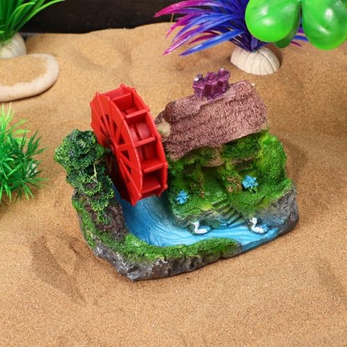 HOMSFOU Aquarium Water Wheel Ornament 4.33 in Thatched House Fish Tank Decoration Aquarium Hideout Landscape Prop for Goldfish Habitat Airflow Rotating Model for Fish Tank Accessories - 4